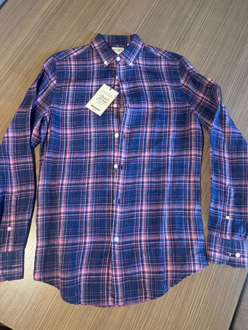 Murano Linen Plaid Button-Down Shirt - Navy & Pink